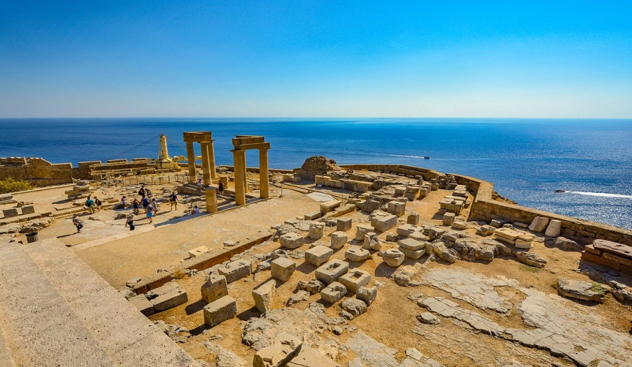 Scenic view of Rhodes island with traditional village and coastline